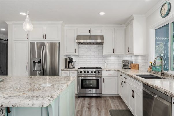 Interior, Kitchen, Pendant Lights, Recessed Lighting, Stainless Steel Appliances, Wood Texture Flooring