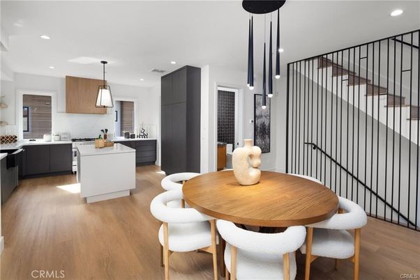 Dining room, Interior, Kitchen, Pendant Lights, Recessed Lighting, Wood Texture Flooring