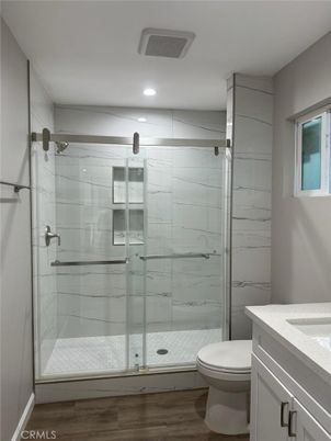 Bathroom, Glass Shower, Interior, Recessed Lighting, Wood Texture Flooring