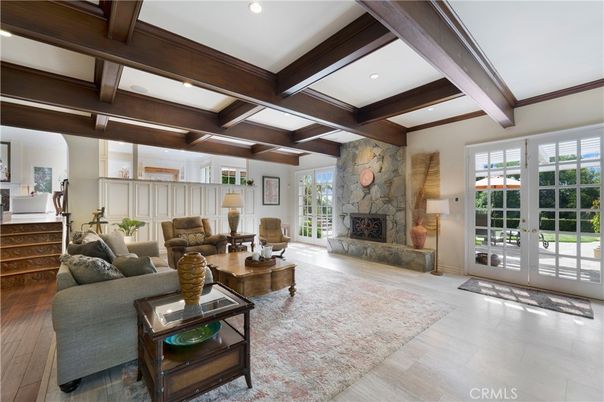 Fireplace, Interior, Living room, Recessed Lighting, Wooden Beams