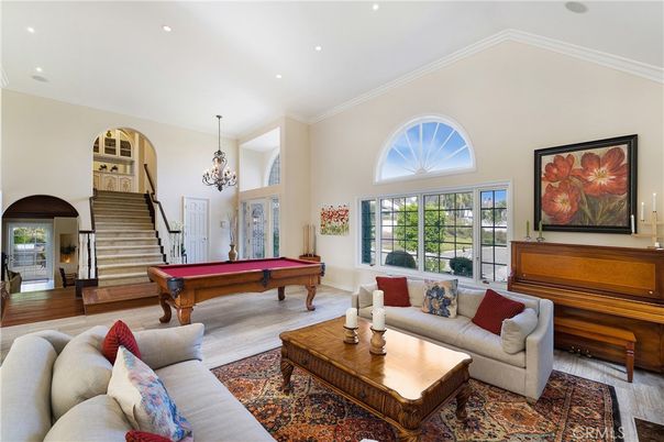 Billiard Table, Chandelier, Game Room, Interior, Living room, Piano, Recessed Lighting, Wood Texture Flooring