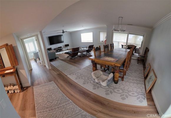 Dining room, Interior, Pendant Lights, Wood Texture Flooring