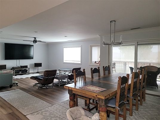 Dining room, Interior, Pendant Lights, Wood Texture Flooring