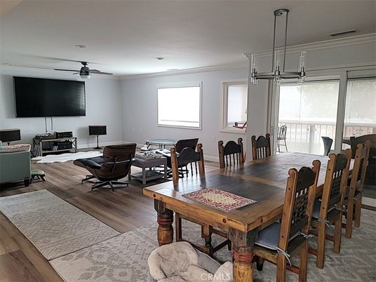 Dining room, Interior, Living room, Pendant Lights, Wood Texture Flooring