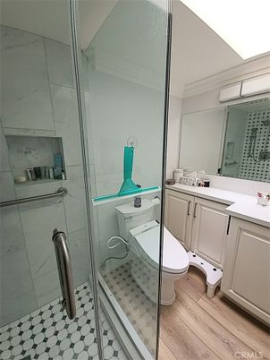 Bathroom, Glass Shower, Interior, Wood Texture Flooring