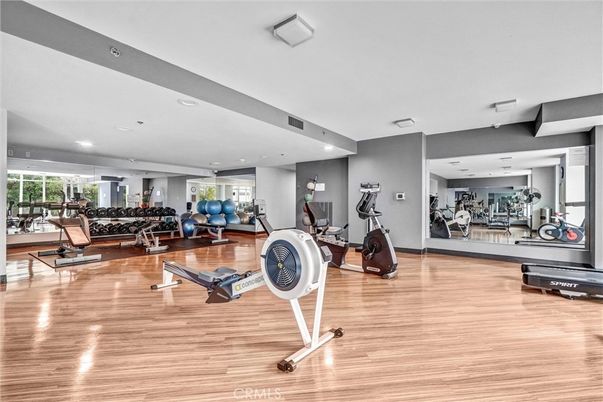 Fitness Equipment, Gym, Interior, Recessed Lighting, Wood Texture Flooring