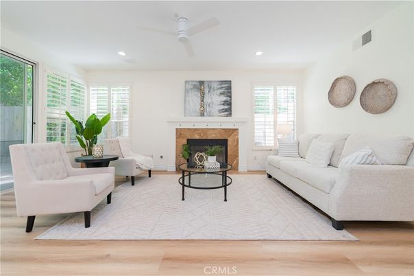Fireplace, Interior, Living room, Recessed Lighting, Wood Texture Flooring