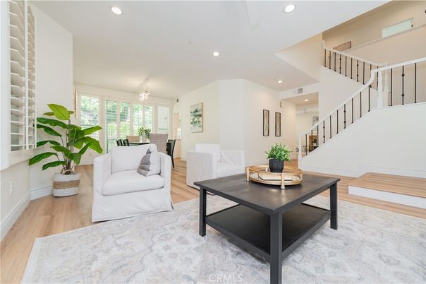 Dining room, Interior, Living room, Recessed Lighting, Wood Texture Flooring
