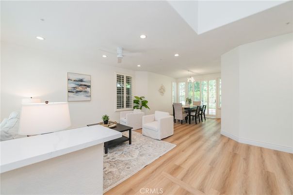 Dining room, Interior, Living room, Recessed Lighting, Wood Texture Flooring