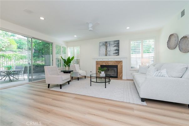 Fireplace, Interior, Living room, Recessed Lighting, Wood Texture Flooring