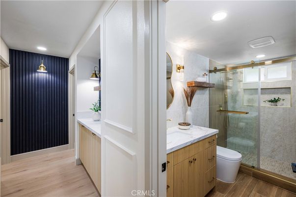 Bathroom, Glass Shower, Interior, Recessed Lighting, Wood Texture Flooring