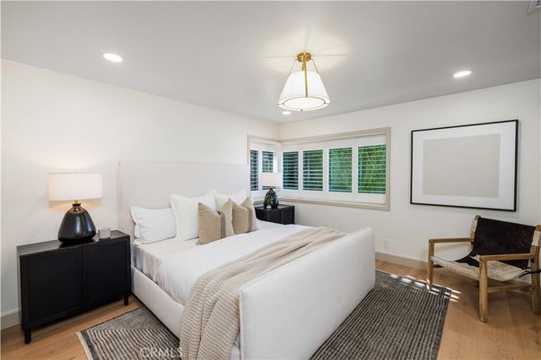 Bedroom, Interior, Pendant Lights, Recessed Lighting, Wood Texture Flooring
