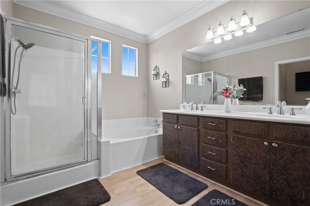 Bathroom, Dual Sink Vanities, Glass Shower, Interior, Wood Texture Flooring