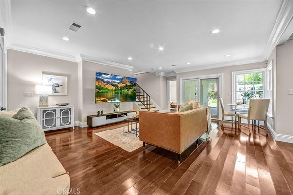 Dining room, Interior, Living room, Recessed Lighting, Wood Texture Flooring