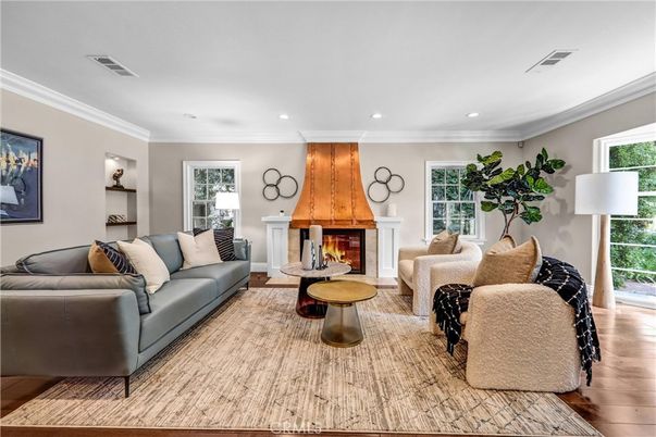 Fireplace, Interior, Living room, Recessed Lighting, Wood Texture Flooring