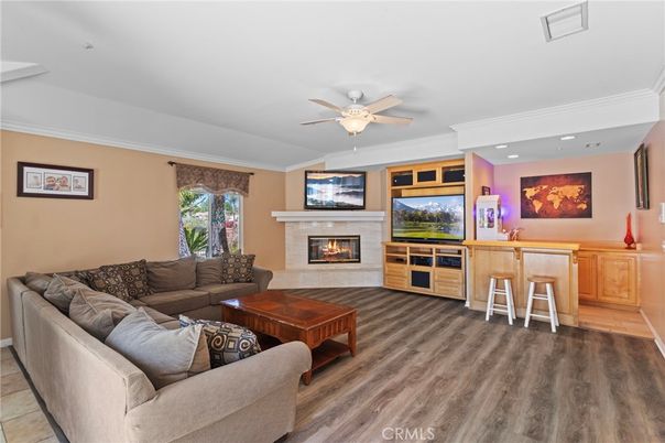 Fireplace, Interior, Living room, Recessed Lighting, Wood Texture Flooring