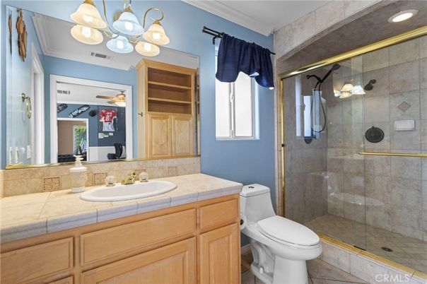 Bathroom, Glass Shower, Interior, Recessed Lighting, Tile Countertops