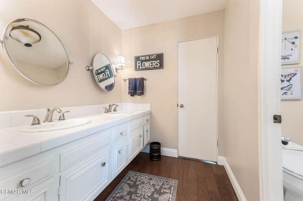 Bathroom, Dual Sink Vanities, Interior, Tile Countertops, Wood Texture Flooring