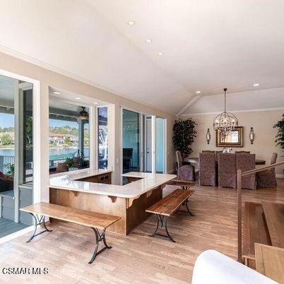 Chandelier, Dining room, Interior, Living room, Recessed Lighting, Water, Wood Texture Flooring