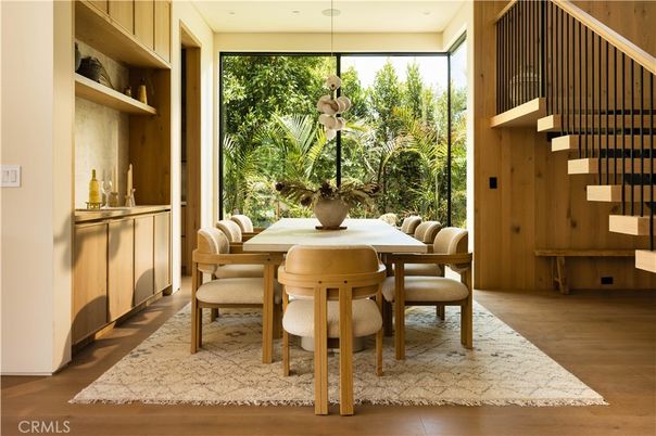 Dining room, Interior, Pendant Lights, Wood Texture Flooring