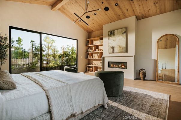 Bedroom, Fireplace, Interior, Wooden Beams, Wooden Ceilings, Wood Texture Flooring