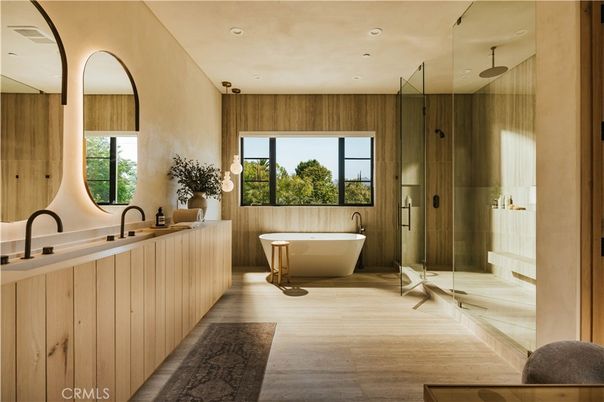 Bathroom, Free Standing Baths, Glass Shower, Interior, Recessed Lighting, Wood Texture Flooring