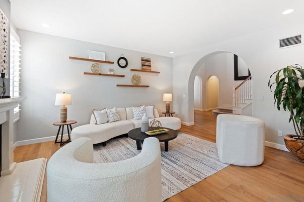 Fireplace, Interior, Living room, Recessed Lighting, Wood Texture Flooring