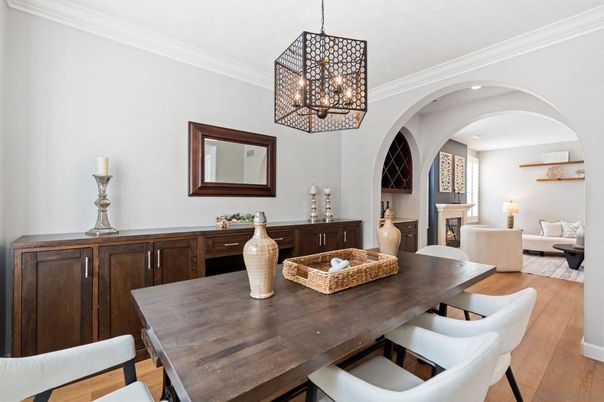 Dining room, Fireplace, Interior, Living room, Pendant Lights, Recessed Lighting, Wood Texture Flooring