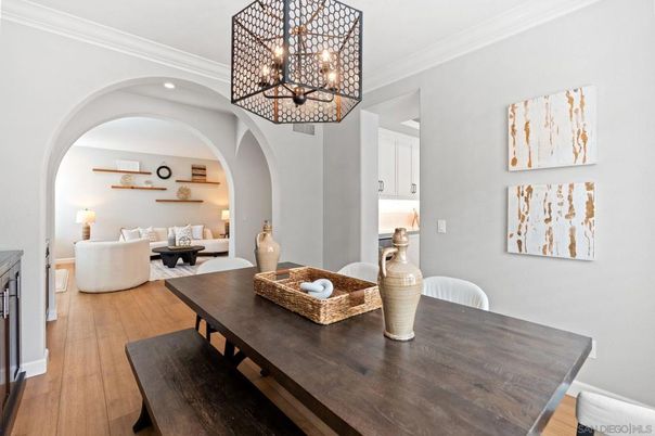Dining room, Interior, Living room, Pendant Lights, Recessed Lighting, Wood Texture Flooring
