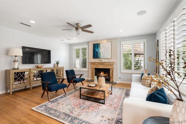 Fireplace, Interior, Living room, Recessed Lighting, Wood Texture Flooring