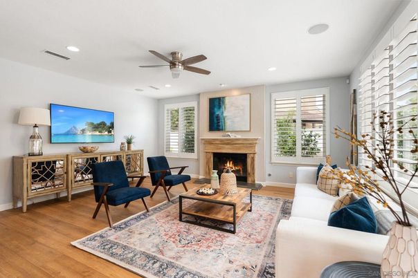Fireplace, Interior, Living room, Recessed Lighting, Wood Texture Flooring