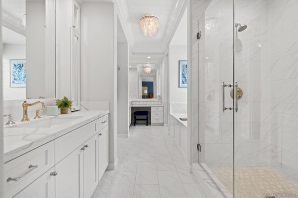Bathroom, Chandelier, Dual Sink Vanities, Glass Shower, Interior, Marble, Marble Walls, Recessed Lighting