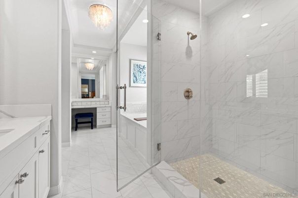 Bathroom, Glass Shower, Interior, Marble, Marble Walls, Recessed Lighting