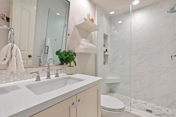 Bathroom, Glass Shower, Interior, Marble Walls, Recessed Lighting