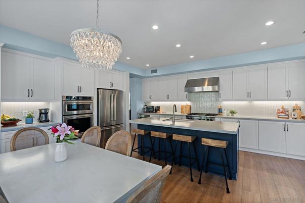Chandelier, Interior, Kitchen, Recessed Lighting, Stainless Steel Appliances, Wood Texture Flooring
