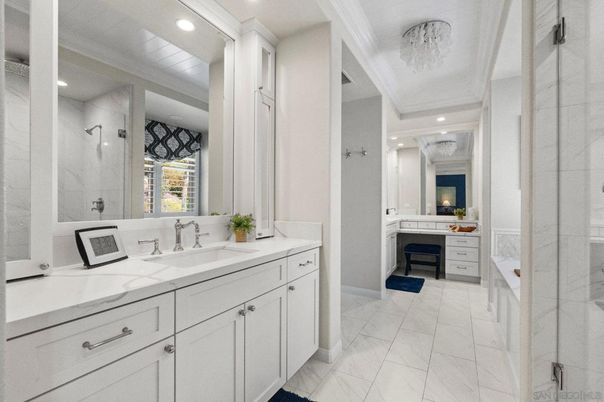Bathroom, Dual Sink Vanities, Interior, Marble, Marble Walls, Recessed Lighting