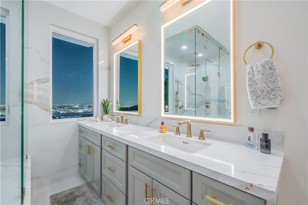 Bathroom, Dual Sink Vanities, Glass Shower, Interior, Marble Walls