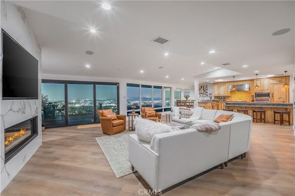 Fireplace, Interior, Kitchen, Living room, Pendant Lights, Recessed Lighting, Wood Texture Flooring
