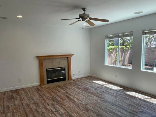 Empty room, Fireplace, Interior, Recessed Lighting, Wood Texture Flooring