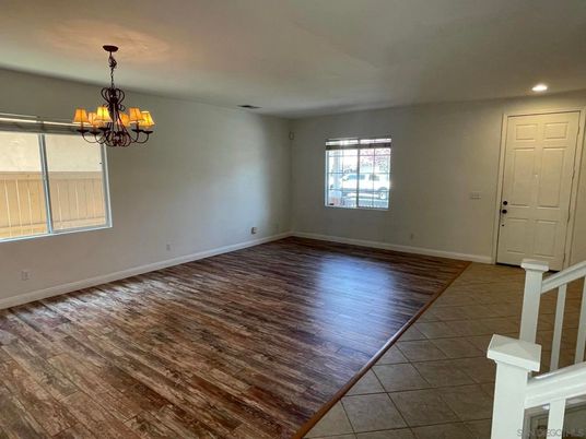 Chandelier, Empty room, Interior, Recessed Lighting, Wood Texture Flooring