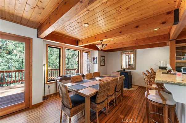 Dining room, Interior, Recessed Lighting, Wooden Beams, Wooden Ceilings, Wood Texture Flooring