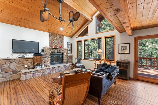 Fireplace, Interior, Living room, Recessed Lighting, Stone Walls, Wooden Beams, Wooden Ceilings, Wood Texture Flooring