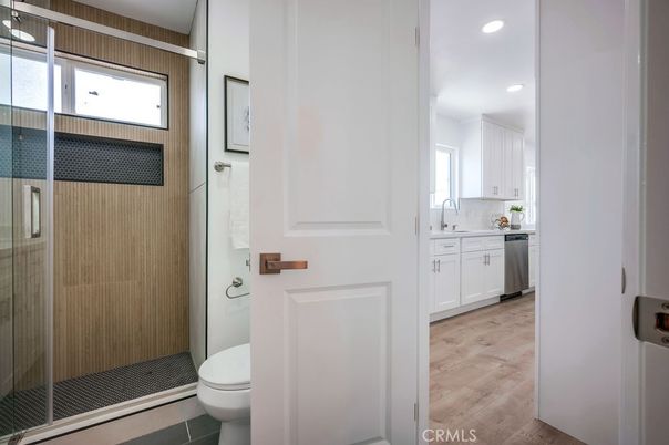 Bathroom, Glass Shower, Interior, Recessed Lighting, Wood Texture Flooring