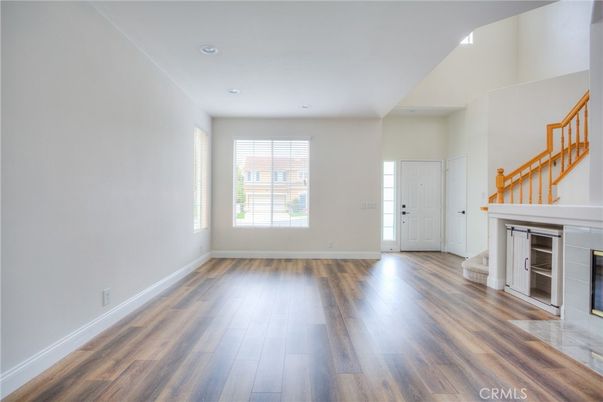 Empty room, Fireplace, Interior, Recessed Lighting, Wood Texture Flooring