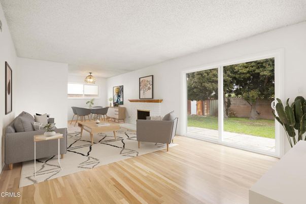 Dining room, Fireplace, Interior, Living room, Pendant Lights, Wood Texture Flooring
