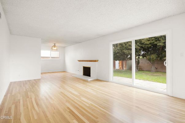 Empty room, Fireplace, Interior, Pendant Lights, Wood Texture Flooring