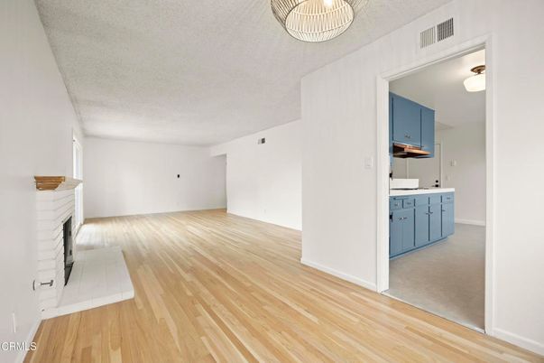 Empty room, Fireplace, Interior, Kitchen, Wood Texture Flooring