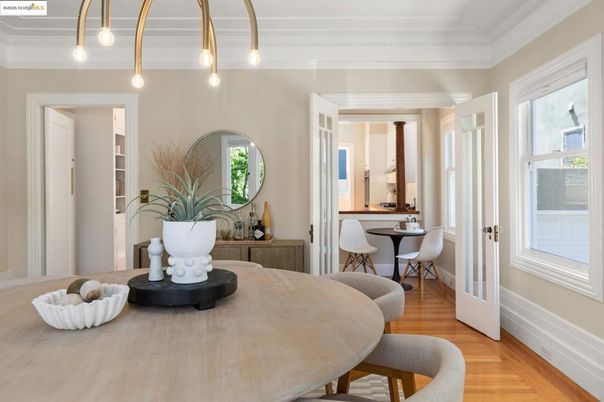 Dining room, Interior, Pendant Lights, Wood Texture Flooring