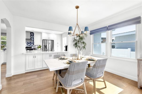Dining room, Interior, Kitchen, Pendant Lights, Stainless Steel Appliances, Wood Texture Flooring