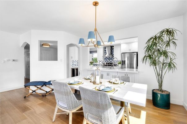 Dining room, Interior, Kitchen, Pendant Lights, Stainless Steel Appliances, Wood Texture Flooring